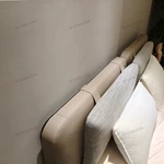 Dual-Material Upholstered Bed with Beige Leather & Grey Fabric Headboard & Low-Profile Base